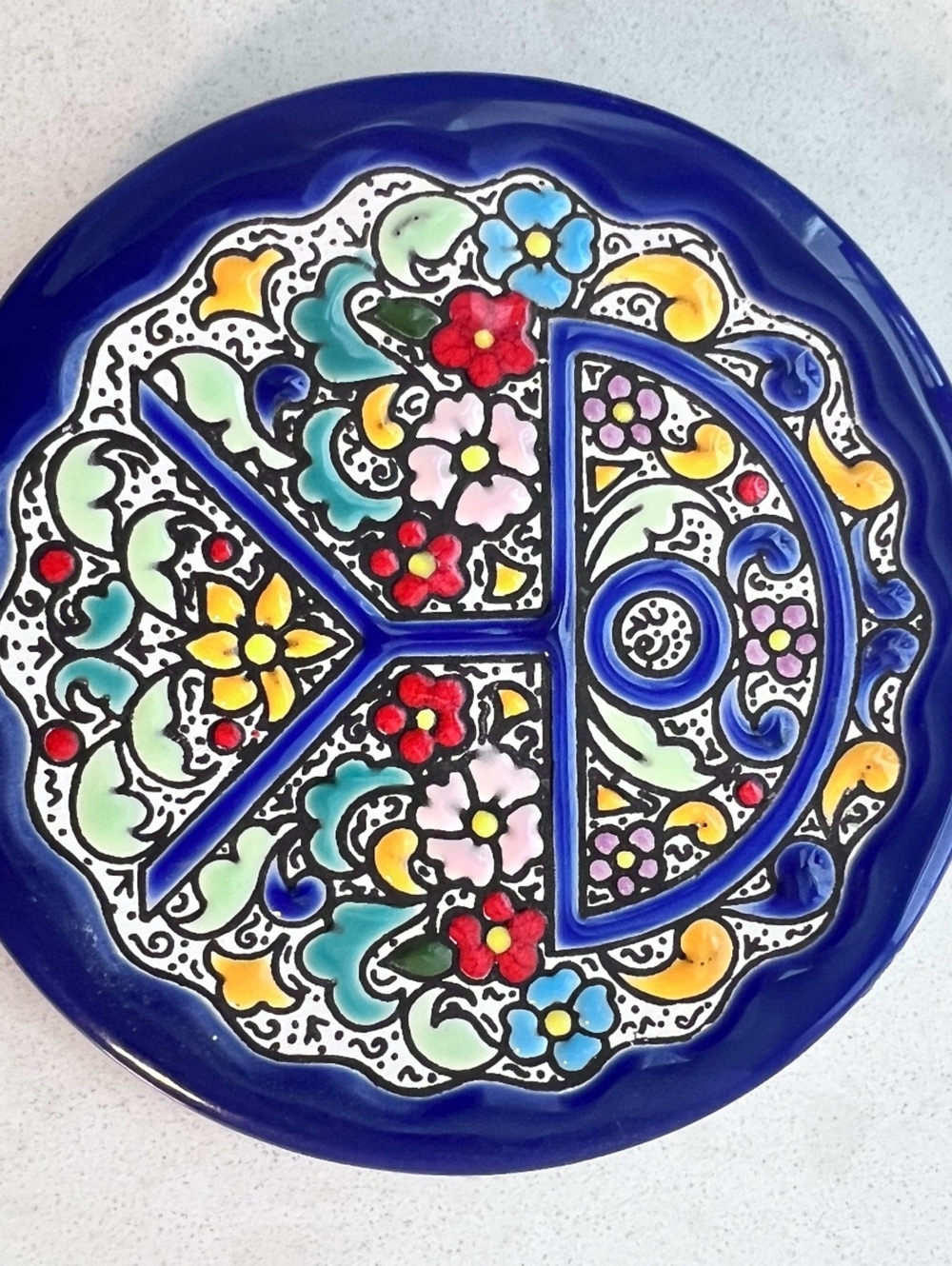 Vintage Spanish Cuerda Seca Majolica Ceramic Peace Sign Coaster / Mini Wall Art